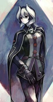 belt black_cape black_gloves black_hair cape cropped_torso gloves highres looking_to_the_side made_in_abyss medium_hair multicolored_hair ozen sosei two-tone_hair white_hair