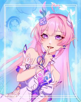 Rule 34 | 1girl, ahoge, alt text, bare shoulders, blue hair, blue sky, breasts, commentary, day, dress, english commentary, flower, game screenshot inset, gradient hair, hair flower, hair ornament, highres, index finger raised, long hair, looking at viewer, medium breasts, mem (honkai: star rail), multicolored hair, open mouth, pink hair, pointy ears, purple eyes, purple flower, purple rose, rose, screenshot inset, sky, smile, solo, twitter username, white dress, wonneqo, wuthering waves