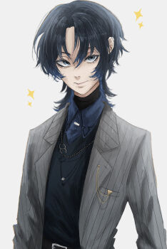 Rule 34 | 1girl, absurdres, black hair, black sweater, blue hair, blue shirt, collared shirt, earclip, grey jacket, highres, hiodoshi ao, hiodoshi ao (1st costume), hololive, hololive dev is, jacket, jewelry, koruko (kaoruko67000), medium hair, necklace, pinstripe jacket, pinstripe pattern, shirt, simple background, solo, suit jacket, sweater, v-neck, virtual youtuber, white background, wolf cut