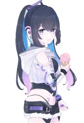 Rule 34 | 1girl, black hair, black shirt, black shorts, clothing cutout, colored inner hair, earrings, gradient hair, grey jacket, highleg, highleg panties, highres, holding, holding ice cream cone, ice cream cone, idol, jacket, jewelry, leeum8s, long hair, long sleeves, looking at viewer, midriff, multicolored hair, navel, official alternate costume, official alternate hairstyle, panties, ponytail, punishing: gray raven, purple eyes, purple hair, selena (punishing: gray raven), shirt, short shorts, shorts, shoulder cutout, sidelocks, solo, star (symbol), stomach tattoo, tattoo, underwear, white background
