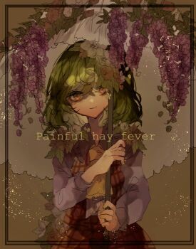 1girl ascot brown_background closed_mouth collared_shirt commentary_request english_text flower green_hair grey_shirt kazami_yuuka long_sleeves looking_at_viewer medium_hair one-hour_drawing_challenge open_clothes open_vest parasol pink_eyes plaid_clothes plaid_skirt plaid_vest red_skirt red_vest shinjitsu_no_kuchi shirt skirt skirt_set smile solo touhou umbrella upper_body vest white_umbrella wisteria yellow_ascot