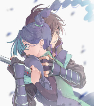 Rule 34 | 1boy, 1girl, bags under eyes, black hair, black robe, blood, blood on hands, bloody weapon, blue hair, braid, braided ponytail, breasts, chinese clothes, collar, commentary request, hand on another's shoulder, high collar, highres, holding, holding sword, holding weapon, hug, long hair, long sleeves, mole, mole under eye, robe, scissor seven, seven (scissor seven), shirt, short hair, simple background, single braid, surprised, sword, t en1 0, thick eyebrows, thirteen (scissor seven), very long hair, weapon, white background