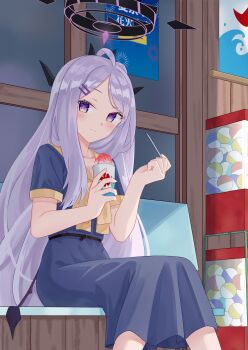 1girl ahoge akaya_(pixiv20545353) black_wings blue_archive blue_dress blush bow brown_bow brown_sailor_collar closed_mouth commentary_request cup disposable_cup dress feet_out_of_frame food gashapon grey_hair hair_ornament hairclip halo highres hina_(blue_archive) holding holding_cup horns long_hair low_wings purple_eyes sailor_collar sailor_dress shaved_ice short_sleeves smile solo swept_bangs very_long_hair wings