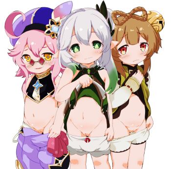 3girls ahoge akane_(akane650) bell big_belly bloomers bloomers_pull bow bow_panties braid brown_hair censored cleft_of_venus clothes_lift commentary_request dori_(genshin_impact) female_focus flashing frown genshin_impact green_eyes grey_hair groin hair_bell hair_between_eyes hair_ornament harem hat highres jingle_bell legs lifting_own_clothes loli long_hair looking_at_viewer mosaic_censoring multiple_girls loli nahida_(genshin_impact) navel orange_eyes panties panty_pull pink_bow pink_hair pointy_ears ponytail pulling_own_clothes pussy red_eyes side_ponytail simple_background skirt skirt_lift smile standing stomach sunglasses take_your_pick underwear white_background white_panties yaoyao_(genshin_impact)