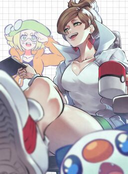 2girls absurdres andrich_galam professor_juniper bianca_(pokemon) blonde_hair blue_eyes breasts brown_hair cleavage collarbone commentary crossed_legs cup earrings english_commentary gen_5_pokemon glasses green_eyes green_jacket highres holding holding_cup hood hooded_jacket jacket jewelry lab_coat long_sleeves looking_at_another mug multiple_girls nintendo open_clothes open_jacket oshawott pokemon pokemon_(creature) pokemon_bw pokemon_bw2 popped_collar salute shirt shoes short_hair shorts simple_background sitting sneakers thighs white_background white_shirt