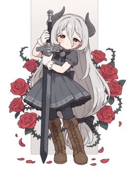 1girl boots character_request commentary copyright_request dress flower full_body gloves grey_hair hair_between_eyes holding holding_sword holding_weapon horns long_hair onyhakase pantyhose rose solo sword very_long_hair weapon white_gloves