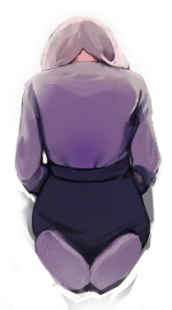 1girl angela_he black_skirt bob_cut from_behind full_body kneeling long_sleeves lowres non-web_source official_art seiza shirt shirt_tucked_in short_hair sitting skirt solo white_hair white_shirt you_left_me