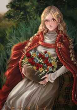 1girl artist_logo basket blonde_hair braid brown_eyes dress feet_out_of_frame final_fantasy final_fantasy_tactics flower flower_basket forest grass highres holding holding_basket logo long_hair looking_at_viewer nature ovelia_atkascha red_robe reikascafe robe solo twin_braids white_dress