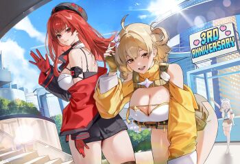 3girls :d absurdres ahoge anis_(nikke) anniversary ass bare_shoulders bent_over blonde_hair blue_sky breasts building cleavage cloud commentary day english_commentary english_text fuwausagi01 glasses gloves goddess_of_victory:_nikke highres large_breasts long_hair long_sleeves looking_at_viewer multicolored_gloves multiple_girls neon_(nikke) official_alternate_costume official_alternate_design official_alternate_hair_color official_alternate_hairstyle open_mouth outdoors rapi_(nikke) rapi_(red_hood)_(nikke) red_eyes red_gloves red_hair skirt sky smile two-sided_gloves waving yellow_eyes