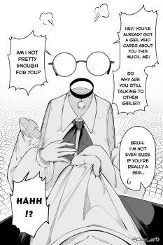 Rule 34 | 1boy, 1girl, absurdres, clover dot (clov erd), collar, english text, glasses, gloves, greyscale, highres, invisible, monochrome, original, pov, round eyewear, shirt, sleeveless, sleeveless shirt, solo focus, speech bubble