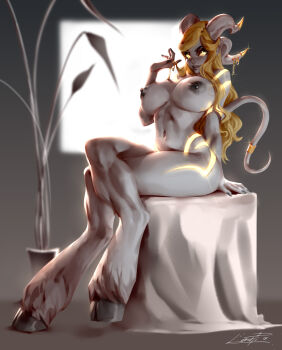 1girl aleriia_v black_nails black_nipples blonde_hair breasts colored_nipples completely_nude crossed_legs draenei hooves horns huge_breasts jewelry lightforged_draenei monster_girl nail_polish navel nipples nude sitting tail_raised warcraft world_of_warcraft