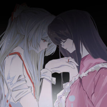 2girls alulue1 black_hair blood closed_eyes closed_mouth commentary fujiwara_no_mokou hashtag-only_commentary highres holding_hands houraisan_kaguya injury light_particles long_hair multiple_girls parted_lips pink_shirt red_eyes shirt touhou white_hair white_shirt wrist_cuffs yuri