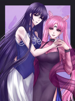 2girls aged_up arm_around_waist bare_shoulders bishoujo_senshi_sailor_moon bishoujo_senshi_sailor_moon_r bishoujo_senshi_sailor_moon_s black_border black_choker black_dress black_eyeshadow black_lady_(sailor_moon) blue_shirt border breasts choker closed_mouth commentary cone_hair_bun cowboy_shot crescent crescent_facial_mark dark_persona double_bun dress eyeshadow facial_mark forehead_mark hair_bun hand_on_another's_waist hand_up highres holding_hands large_breasts long_hair looking_at_viewer low_twintails makeup medium_breasts mistress_9 multiple_girls outside_border parted_lips pink_hair pink_shrug purple_background purple_hair purple_lips red_eyes red_lips see-through_cleavage see-through_clothes see-through_shrug shirt shrug_(clothing) skirt sleeveless sleeveless_shirt smile star_(symbol) star_facial_mark twintails very_long_hair wbr_komet white_skirt yuri