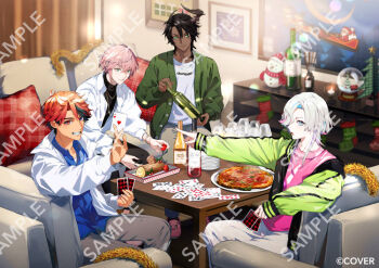 animal_slippers aragami_oga between_fingers black_hair black_pants black_shirt blue_shirt bottle card cardigan christmas christmas_stocking christmas_tree collared_shirt commentary_request copyright_notice couch crew_neck cup curtained_hair curtains cushion dark-skinned_male dark_skin demon_horns drinking_glass feet_out_of_frame food fruit green_cardigan green_eyes green_sleeves grey_eyes grey_pants hair_between_eyes hair_over_one_eye heterochromia holding holding_bottle holding_card holding_food holding_fruit holostars horns indoors jacket jewelry letterman_jacket living_room long_sleeves looking_at_viewer male_focus medium_hair mole mole_under_eye multicolored_hair necklace on_couch open_cardigan open_clothes open_collar open_jacket orange_eyes orange_hair pants picture_frame pink_hair pink_shirt pizza plate plate_stack playing_card playing_games print_shirt purple_eyes purple_hair reed_diffuser rikka_(holostars) sample_watermark shirt short_hair single_horn slippers smile snow_globe snowman strawberry streaked_hair table turtleneck turtleneck_shirt utsugi_uyu virtual_youtuber watermark white_hair white_jacket white_pants white_shirt wine_bottle wine_glass yukoku_roberu yule_log_(cake) yuuichi_(bobobo)