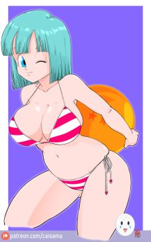 1girl absurdres blue_eyes blue_hair breasts bulma caisama dragon_ball dragon_ball_(object) dragonball_z highres large_breasts one_eye_closed short_hair smile swimsuit