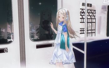 1girl absurdres axleaki bare_legs blonde_hair different_reflection dress expressionless gakuen_idolmaster headphones highres idolmaster night orange_eyes reflection shinosawa_hiro sliding_doors star_(sky) train white_dress