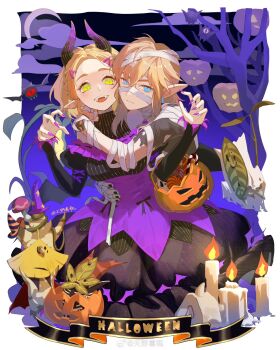 1boy 1girl aqua_eyes arm_around_waist arms_around_neck bandaged_arm bandaged_head bandages black_dress black_nails blonde_hair border braid breasts candle chio_(zelda) closed_mouth commentary corset crescent_moon crown_braid demon_girl demon_horns dress earrings english_commentary fangs fingernails green_eyes hair_between_eyes hair_ornament hairclip halloween halloween_bucket highres horns jack-o&#039;-lantern jewelry juliet_sleeves keese korok leaf leaf_on_head link long_sleeves medium_breasts monster moon mummy_costume mushroom nail_polish nintendo open_mouth parted_bangs pointy_ears princess_zelda puffy_sleeves purple_corset purple_nails red_eyes sharp_fingernails short_hair sidelocks smile the_legend_of_zelda the_legend_of_zelda:_tears_of_the_kingdom tianyexiping tree turtleneck turtleneck_dress twitter_username watermark weibo_watermark white_border