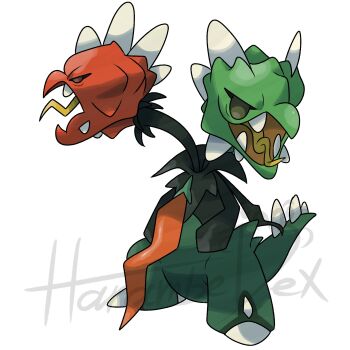 artist_name bell_pepper claws colored_skin fangs green_bell_pepper green_skin harambedex highres mega_pokemon mega_scovillain mohawk multiple_heads necktie nintendo no_humans open_mouth pokemon pokemon_(creature) pokemon_focus red_pepper red_skin scovillain spiked_tail spoilers sugimori_ken_(style) tail tongue tongue_out v-shaped_eyes