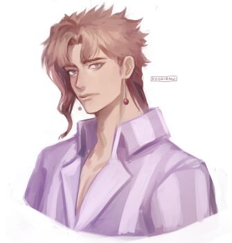 1boy artist_name closed_mouth collared_shirt cropped_torso earrings highres jewelry jojo_no_kimyou_na_bouken kakyoin_noriaki kookirani lapels looking_at_viewer male_focus medium_hair open_collar parted_hair piercing pink_shirt portrait red_hair shirt simple_background solo stardust_crusaders striped_clothes striped_shirt white_background