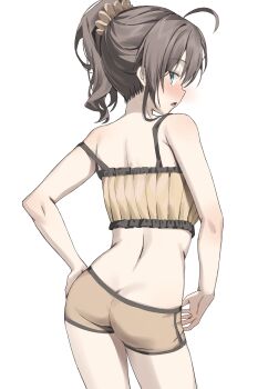 1girl absurdres ahoge ass back bare_arms bare_shoulders blue_eyes brown_hair commentary cowboy_shot crop_top from_behind hair_ornament hair_scrunchie hand_on_own_hip highres hololive long_hair looking_at_viewer looking_back median_furrow midriff natsuiro_matsuri natsuiro_matsuri_(matsuri&#039;s_day_off) open_mouth ponytail ribbed_shirt scarlet_(wv0102) scrunchie shirt short_shorts shorts simple_background sleeveless sleeveless_shirt solo strap_slip symbol-only_commentary virtual_youtuber white_background yellow_shirt yellow_shorts