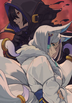 Rule 34 | 1boy, 1girl, absurdres, animal ears, black coat, black gloves, black hair, c-eye, cid kagenou, cid kagenou (shadow), coat, facial mark, fox ears, fox girl, gloves, highres, hood, hood up, kage no jitsuryokusha ni naritakute!, long hair, solo, tagme, tail, white hair, yukime (kagejitsu)