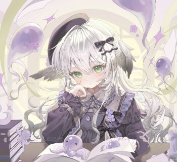 1girl black_bow black_dress black_hat blush book book_stack bow closed_mouth collared_dress commentary_request commission dress frilled_shirt_collar frills green_eyes hair_between_eyes hair_bow hat head_rest head_wings highres korean_commentary limu838 long_hair long_sleeves open_book original solo twitter_username upper_body white_hair wings