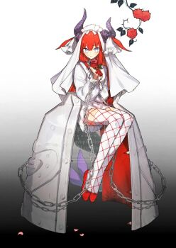 1girl blue_eyes breasts chain cuffs curled_horns dragon_horns dragon_tail dress elizabeth_bathory_(avenger)_(fate) elizabeth_bathory_(fate) fate/grand_order fate_(series) fishnet_pantyhose fishnets flower full_body hair_ribbon high_heels horns iron_maiden kabutomushi_s long_hair long_sleeves looking_at_viewer pantyhose red_hair ribbon rose shackles small_breasts solo tail thighhighs two_side_up veil white_dress white_thighhighs