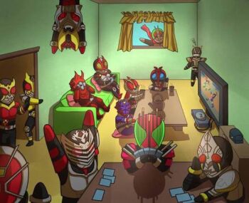 ace_(playing_card) armor arms_up bat_(animal) beetle beetle_horn belt blue_armor blue_eyes bug card corner couch cushion doorway dragon fighting_game game_console grasshopper green_armor green_eyes hand_on_own_face helmet hiding_face insect jane10lo jane10lo jewelry kamen_rider kamen_rider_(1st_series) kamen_rider_1 kamen_rider_555 kamen_rider_agito kamen_rider_agito_(series) kamen_rider_blade kamen_rider_blade_(series) kamen_rider_dcd kamen_rider_decade kamen_rider_den-o kamen_rider_den-o_(series) kamen_rider_faiz kamen_rider_hibiki kamen_rider_hibiki_(series) kamen_rider_kabuto kamen_rider_kabuto_(series) kamen_rider_kaixa kamen_rider_kiva kamen_rider_kiva_(series) kamen_rider_kuuga kamen_rider_kuuga_(series) kamen_rider_ryuki kamen_rider_ryuki_(series) kamen_rider_wizard kamen_rider_wizard_(series) kettle living_room looking_through_window magenta_armor male_focus mask masked masked_male momotaros multiple_boys nintendo_64 nintendo_64_controller oni peeking_out playing_card purple_armor red_armor red_eyes red_scarf rhinoceros_beetle ring scarf sitting sitting_on_cushion table tea teapot television upside-down vampire video_game vsasha window yellow_armor yellow_eyes