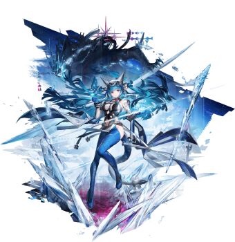 1girl arknights arknights:_endfield blue_gloves blue_hair full_body gloves high_heels highres ice last_rite_(arknights) liduke long_hair official_art pointy_ears red_eyes tagme tail