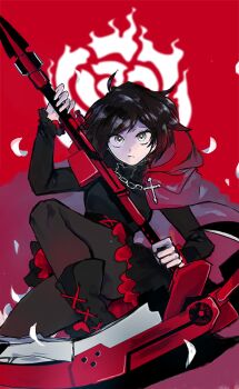 005679870108 1girl ahoge black_boots black_dress black_hair black_pantyhose boots cape chain chain_necklace closed_mouth colored_tips commentary_request cross cross_necklace dress eyelashes grey_eyes holding holding_scythe holding_weapon hood hood_down hooded_cape jewelry long_sleeves multicolored_hair necklace pantyhose red_cape red_hair ruby_rose rwby scythe short_hair solo weapon