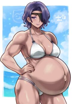 Rule 34 | 1girl, amalia (unicorn overlord), breasts, cleavage, cowboy shot, day, eyepatch, eyeshadow, female focus, hand on own hip, highres, large breasts, linea nigra, makeup, muscular, muscular female, navel, outdoors, outie navel, pregnant, purple eyes, purple eyeshadow, purple hair, purple lips, rotomdocs, short hair, solo, sommie (fire emblem), unicorn overlord
