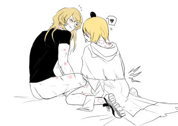 1boy 1girl a_certain_sinclair_(project_moon) absurdres aftersex anger_vein animal animal_on_head ass bird bird_on_head bite_mark bite_mark_on_leg bite_mark_on_neck bite_mark_on_thigh black_shirt black_sleeves blonde_hair blush borrowed_clothes bottomless coat cross-laced_shoes don_quixote_(project_moon) embarrassed facing_another flying_sweatdrops head_down hickey highres limbus_company long_hair long_sleeves looking_at_another nervous_smile nugii on_head parted_lips partially_colored pout project_moon puffy_cheeks scar scar_on_arm scar_on_leg shirt shoes short_hair short_sleeves sinclair_(project_moon) sitting sleeves_past_fingers sleeves_past_wrists smile sneakers spoken_squiggle squiggle sweatdrop trench_coat wariza white_mouth yellow_eyes