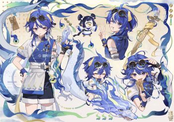 1girl :d ^_^ absurdres ahoge black_shorts blue_eyes blue_hair blue_shirt chibi closed_eyes closed_mouth commentary commission goggles goggles_on_head highres ichisaku jewelry long_hair multicolored_hair multiple_views necklace one_eye_closed open_mouth original shirt short_sleeves shorts single_sleeve smile sword two-tone_hair watermark weapon white_hair wooden_sword yellow_background