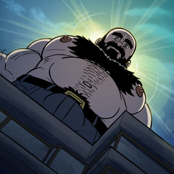 1boy backlighting bald bara beard belly body_fur building bulge cochinote facial_hair fat fat_man foreshortening from_below full_beard giant giant_male highres huge_eyebrows large_pectorals looking_at_viewer looking_down male_focus mature_male meme muscular muscular_male mustache nipples original pants pec_pov_(meme) pectorals photo-referenced short_hair solo sparse_navel_hair standing strongman_waist sunlight thick_beard thick_chest_hair thick_eyebrows thick_mustache topless_female topless_male upper_body