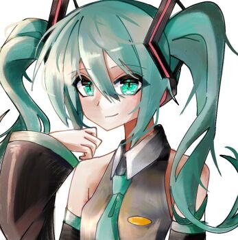 1girl aqua_eyes aqua_hair aqua_necktie black_sleeves detached_sleeves grey_shirt hashtag-only_commentary hatsune_miku headphones headset long_hair necktie shirt solo twintails upper_body vocaloid white_background zero_zsf