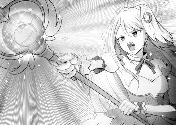 1girl absurdres blue_archive breasts bustier casting_spell cleavage commentary_request crescent crescent_hair_ornament detached_collar emphasis_lines greyscale hair_ornament head_wings highres holding holding_wand long_hair magical_girl monochrome official_alternate_costume red_eyes serious shibainuwp06 single_hair_intake single_head_wing small_breasts solo sparkle suzumi_(blue_archive) suzumi_(magical)_(blue_archive) underbust upper_body wand white_hair wings wrist_cuffs