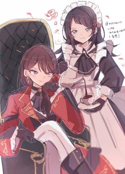 2girls alternate_costume apron bang_dream! bang_dream!_it's_mygo!!!!! black_boots black_choker black_gloves black_hair blue_eyes boots brown_hair chair choker commentary_request cup earrings feet_out_of_frame gloves highres jacket jewelry kettle long_hair looking_at_another maid maid_apron maid_headdress mochizuki_(8_wa0407) multiple_girls neckerchief on_chair pants purple_eyes red_jacket shiina_taki simple_background sitting smile standing teacup translation_request white_background white_pants yahata_umiri