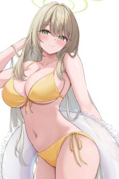 1girl 7nopi absurdres bikini blonde_hair blue_archive breasts cleavage closed_mouth commentary_request cowboy_shot front-tie_bikini_top front-tie_top green_eyes green_halo halo halterneck hand_up highres holding holding_swim_ring innertube large_breasts long_hair looking_at_viewer navel nonomi_(blue_archive) nonomi_(swimsuit)_(blue_archive) official_alternate_costume side-tie_bikini_bottom simple_background smile solo standing stomach string_bikini swim_ring swimsuit very_long_hair white_background yellow_bikini