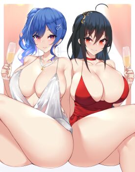 Rule 34 | 2girls, absurdres, ahoge, alcohol, azur lane, backless dress, backless outfit, bare legs, bare shoulders, black hair, blue hair, blue nails, blush, breasts, champagne, champagne flute, choker, cleavage, cocktail dress, collarbone, commentary, cowl neck, crossed legs, cup, curvy, dress, drinking glass, earrings, evening gown, glitter dress, grey dress, grin, hair between eyes, hair ornament, hairclip, halter dress, halterneck, highres, holding, holding cup, huge breasts, jewelry, kuavera, looking at viewer, mixed-language commentary, multiple girls, nail polish, necklace, official alternate costume, one side up, pink eyes, plunging neckline, red choker, red dress, red eyes, revealing clothes, side ponytail, sidelocks, silver dress, sitting, smile, st. louis (azur lane), st. louis (luxurious wheels) (azur lane), taihou (azur lane), taihou (forbidden fruit) (azur lane), thick thighs, thighs