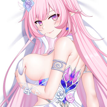 Rule 34 | 1girl, breasts, commentary request, cyrene (honkai: star rail), cyrene (ripples of past reverie) (honkai: star rail), diamond-shaped pupils, diamond (shape), dress, earrings, flower, grabbing own breast, hair flower, hair ornament, honkai: star rail, honkai (series), jewelry, large breasts, long hair, looking at viewer, lying, merchandise available, multicolored hair, on side, pink hair, pointy ears, purple eyes, sideboob, smile, solo, symbol-shaped pupils, two-tone hair, upper body, very long hair, white dress, white hair, yuj (moemarket)