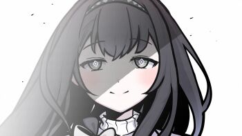 1girl arknights black_hair black_hairband bloom blush closed_mouth diamond-shaped_pupils diamond_(shape) dosei_no_kozika grey_eyes hairband highres long_hair looking_at_viewer pink_pupils portrait priestess_(arknights) simple_background smile solo split_mouth symbol-shaped_pupils turtleneck white_background