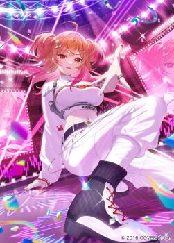 1girl ahoge arm_strap belt black_belt boots cargo_pants colored_inner_hair commentary_request concert copyright_notice cropped_shirt earrings floating_hair glowstick gradient_hair hair_ornament hairclip heart heart_earrings hololive hololive_dev_is ichijou_ririka ichijou_ririka_(regloss_uniform) indoors jewelry lace-up_boots long_hair long_sleeves looking_at_viewer midriff multicolored_hair nail_polish navel official_alternate_hairstyle official_art orange_eyes orange_hair orange_nails pants parallel_hairclips penlight_(glowstick) pink_hair pompocy reaching reaching_towards_viewer ring shirt single_earring single_sleeve solo stage swept_bangs two_side_up virtual_youtuber white_boots white_pants white_shirt