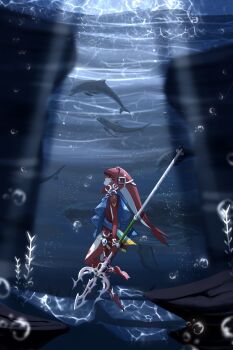 1girl air_bubble bracer bubble colored_skin commentary crescent dolphin fish_girl highres holding holding_weapon jewelry kuroitubu long_hair mipha monster_girl multicolored_skin nintendo orange_eyes polearm red_skin solo the_legend_of_zelda the_legend_of_zelda:_breath_of_the_wild trident two-tone_skin underwater weapon whale white_skin zora