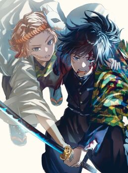 Rule 34 | 2boys, belt, black hair, black jacket, black pants, blue eyes, buttons, demon slayer uniform, gold buttons, haori, high collar, holding, holding sword, holding weapon, jacket, japanese clothes, katana, kikkoumon, kimetsu no yaiba, kimono, long hair, looking at viewer, low ponytail, male focus, multiple boys, orange hair, pants, ponytail, print haori, print kimono, red haori, sabito (kimetsu), sandals, socks, spiked hair, sword, tomioka giyuu, weapon, white belt, white hair, white haori, yuui. (merefuseka)