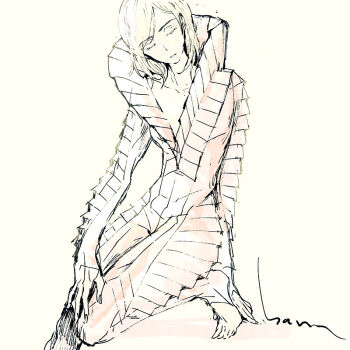 Rule 34 | 1girl, barefoot, bodysuit, closed eyes, commentary request, hand on ground, hand on own knee, haruhashi, head tilt, high collar, kneeling, long sleeves, monochrome, puffy long sleeves, puffy sleeves, shin megami tensei, shin megami tensei: strange journey, short hair, signature, sketch, solo, white bodysuit, yellow background, zelenin (strange journey)
