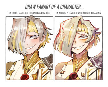 Rule 34 | 1girl, armor, blonde hair, blush, brooch, english text, grin, hair over one eye, highres, jacket, jewelry, kromer (project moon), limbus company, looking at viewer, multicolored hair, multiple views, nai ga (style), pauldrons, project moon, shoulder armor, simple background, smile, streaked hair, surumenabe, wax, white background, white eyes, white hair, white jacket