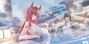 1s44c 2girls arknights arknights:_endfield bath bathing chen_qianyu_(arknights) horns laughing multiple_girls naked_towel onsen partially_submerged red_hair snow steam surtr_(arknights) towel