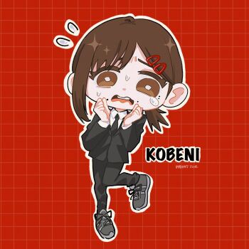 Rule 34 | 1girl, artist name, black jacket, black necktie, black pants, blazer, bright pupils, brown eyes, brown hair, business suit, chainsaw man, character name, chibi, chibi only, collared shirt, flying sweatdrops, formal clothes, full body, grid background, hair ornament, hairclip, hands up, higashiyama kobeni, highres, ice morinaka, jacket, leg up, long sleeves, looking at viewer, mole, mole under eye, mole under mouth, multiple moles, necktie, nervous sweating, open mouth, outline, pants, red background, shirt, shoelaces, shoes, short hair, single tear, solo, suit, sweat, teeth, upper teeth only, wavy mouth, white outline, white pupils, white shirt