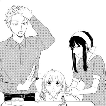 1boy 2girls :o adoptive_parent_and_adoptive_child ahoge anya_(spy_x_family) bandana belt ben-day_dots bond_(spy_x_family) braid child closed_eyes collared_shirt commentary_request dog dress dress_shirt earrings family_bonding father_and_daughter greyscale hair_gel hand_in_own_hair highres husband_and_wife jewelry long_sleeves low_twin_braids monochrome mother_and_daughter multiple_girls open_mouth pants screentones shirt short_hair short_hair_with_long_locks short_sleeves sidelocks simple_background smile spy_x_family standing tarutaruso3 twilight_(spy_x_family) twin_braids tying_another's_hair very_short_hair white_background yor_briar