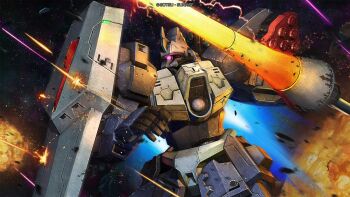 battle cable company_name copyright_notice damaged debris dirty electricity energy energy_beam explosion gazu-l gazu-l_grau glowing glowing_hot gundam gundam_battle_operation_2 highres lance machinery mecha mecha_focus missile_pod mobile_suit moon_gundam neo_zeon no_humans one-eyed pink_eyes polearm realistic robot scan science_fiction shield solo sunrise_(company) tenjin_hidetaka thrusters weapon